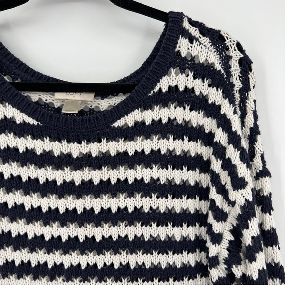 Loft Striped Ribbed Open Knit Roundneck Long Sleeve Casual Popover Sweater - Picture 2 of 9
